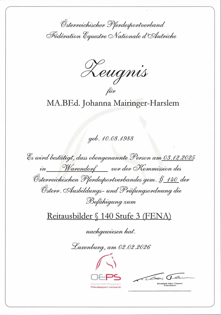 Zeugnis Reitausbilder FENA Stufe 3